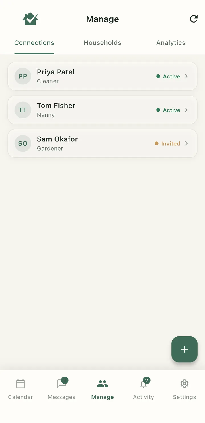 The Manage screen listing staff connections: a cleaner and nanny marked active, and a gardener marked invited.